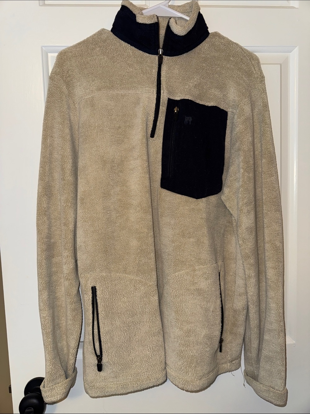 Men's Beige Zip-Up Fleece Pullover with Black Chest Pocket